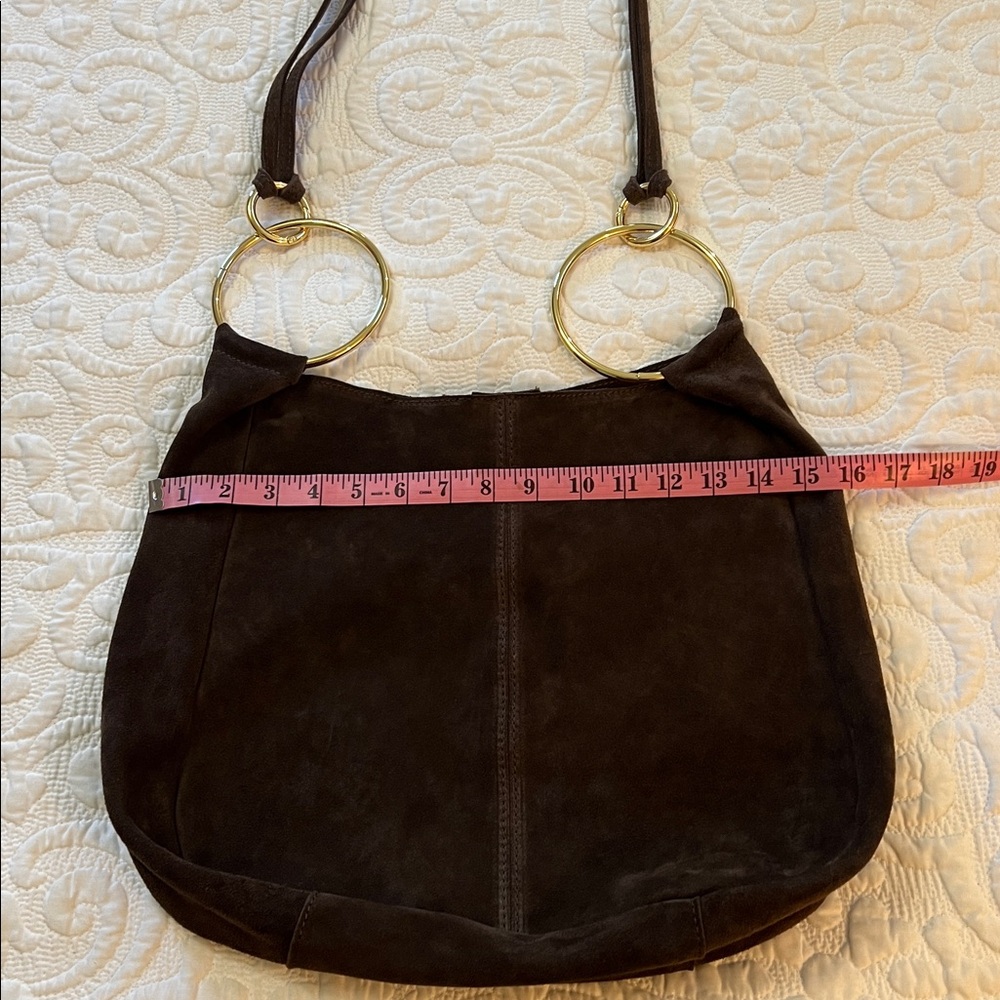 Claudia Firenze Suede Crossbody Slouchy Hobo Tote Bag Chocolate Brown Gold Ring - Picture 12 of 16
